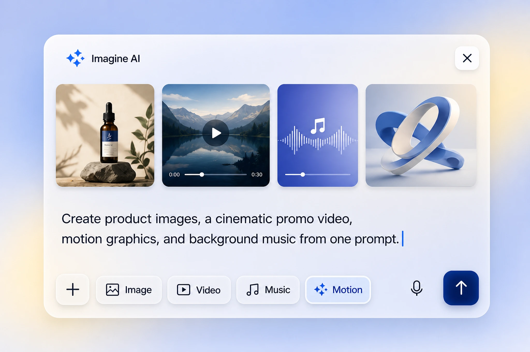 Imagine AI generating product images, a cinematic video, motion graphics, and music from one prompt