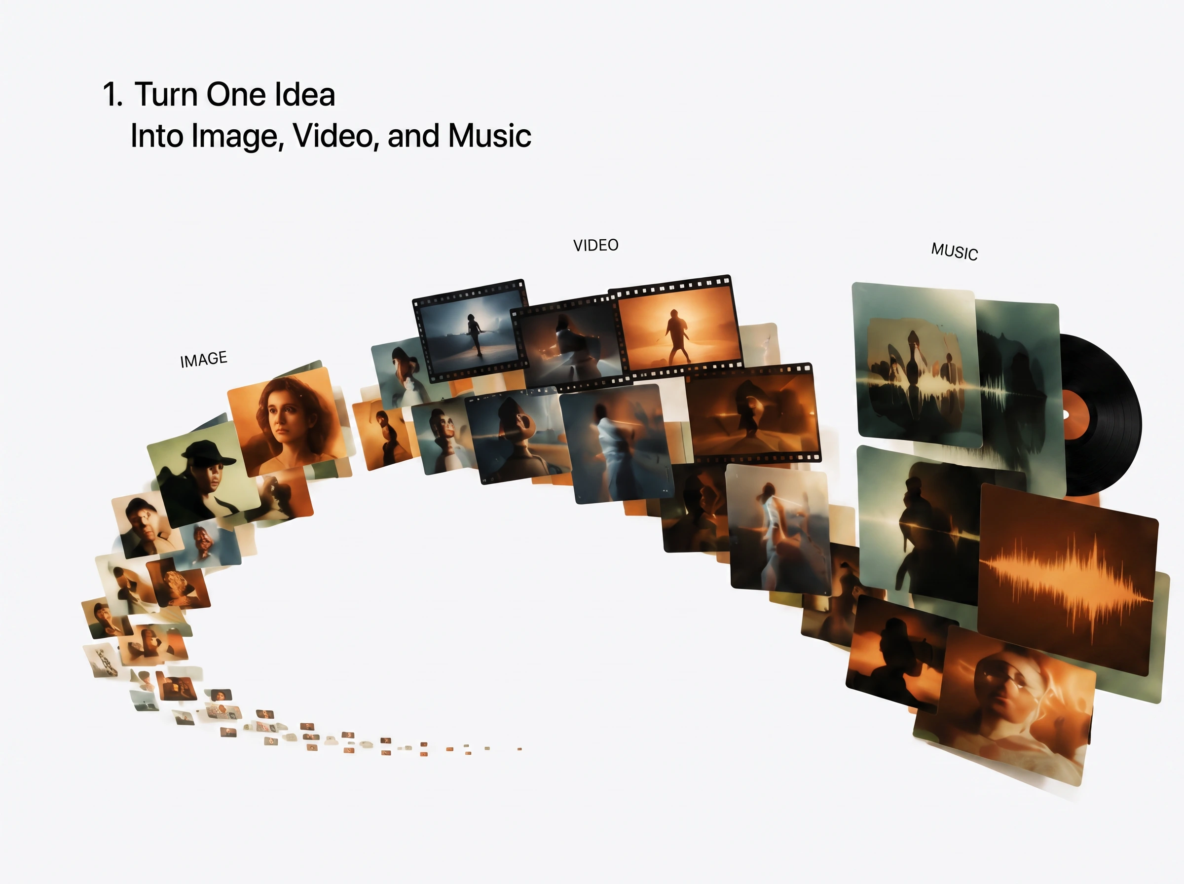 Turn one idea into image, video, and music