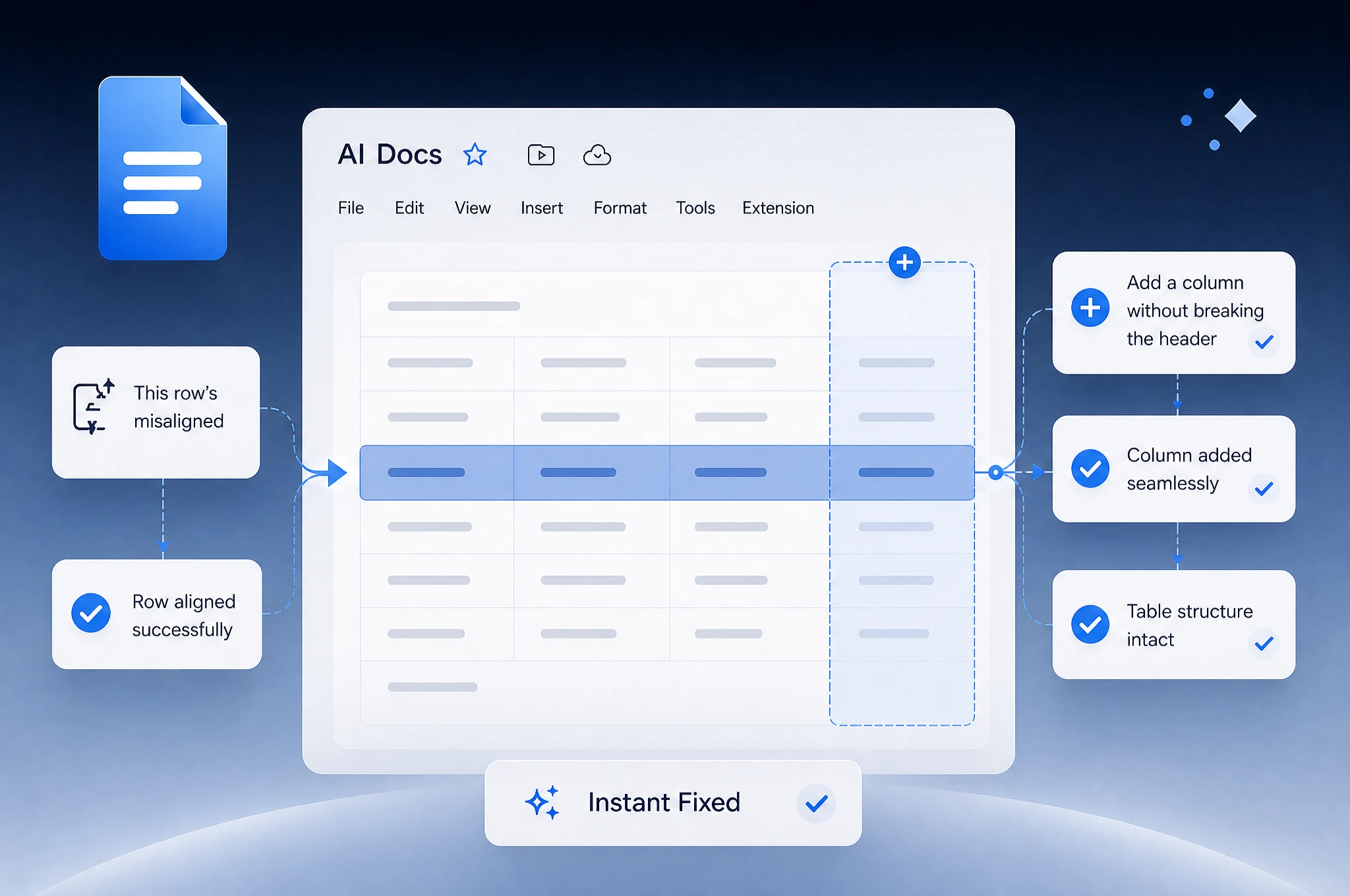AI Docs table editor fixing a misaligned row and adding a column without breaking the header