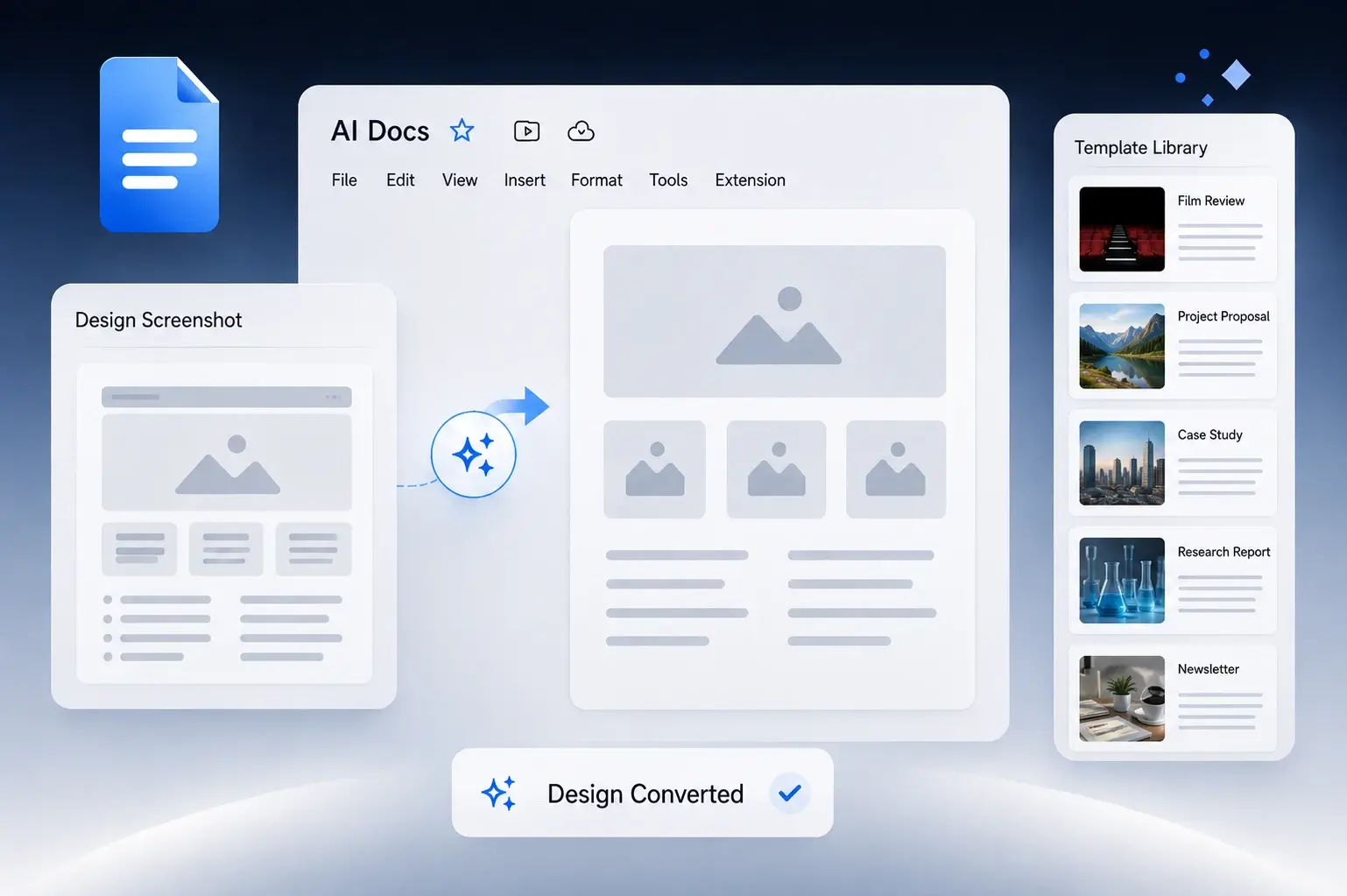 A design screenshot converted into a working AI Docs template, with a template library alongside