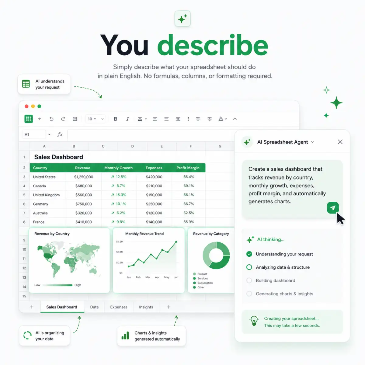 Describing a spreadsheet request in plain English to the AI agent
